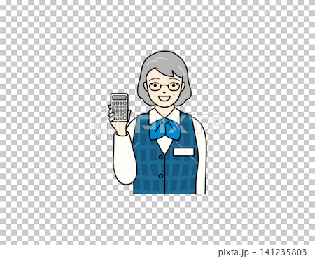 オフィス制服を着て電卓を掲げる笑顔のシニア女性のイラスト 141235803