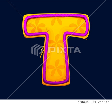 Cartoon patch font motley yellow letter T, patchwork typeface, ABC English clubber patch alphabet type. Textile typeset, patchwork typeface. Fabric font with yellow flower pattern, violet thread seam Cartoon patch font motley yellow letter T, patchwork typeface, ABC English clubber patch alphabet type. Textile typeset, patchwork typeface. Fabric font with yellow flower pattern, violet thread seam 141235837