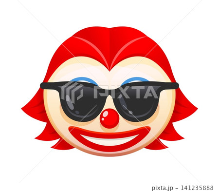 Cartoon Halloween sinister clown emoji character icon with cool expression, sunglasses, creepy grin, and red nose and hair. Vector spine chilling spooky emoticon for holiday messages and festive chats 141235888