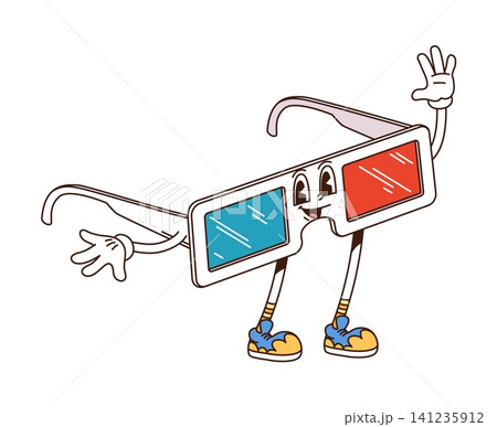 Cinema and movie industry 3d glasses cartoon groovy funny character. Filmmaking and video groovy mascot, movie entertainment vector character. Cinema 3d vision glasses cheerful personage waving hand Cinema and movie industry 3d glasses cartoon groovy funny character. Filmmaking and video groovy mascot, movie entertainment vector character. Cinema 3d vision glasses cheerful personage waving hand 141235912