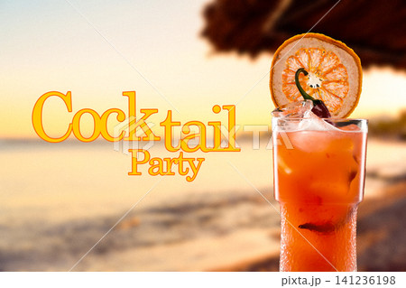 Happy birthday gathering by the beach with drinks and celebration at sunset 141236198