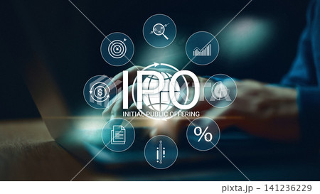 Initial public offering process and key elements are visible on a laptop screen during a business meeting in an office Initial public offering process and key elements are visible on a laptop screen during a business meeting in an office 141236229