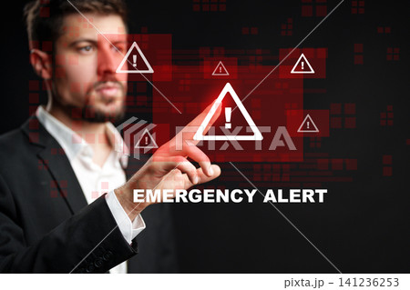 Man activates emergency alert system to respond to critical situation and provide necessary information to the relevant authorities Man activates emergency alert system to respond to critical situation and provide necessary information to the relevant authorities 141236253