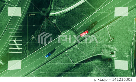 Surveillance view showing cars on a road with tracking overlays in a monitored area Surveillance view showing cars on a road with tracking overlays in a monitored area 141236302