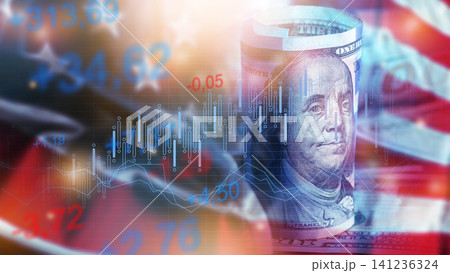 Chart showing money trends with dollar bills and stock market data Chart showing money trends with dollar bills and stock market data 141236324