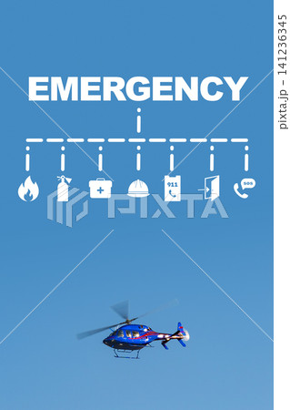Emergency 911 service chart shows different types of emergency calls and responses in a clear layout above a helicopter 141236345