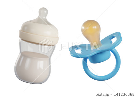 Baby pacifier and milk bottle for boy isolated on background. Infant feeding accessories for parenting, maternity, and baby care themes. 3d render Baby pacifier and milk bottle for boy isolated on background. Infant feeding accessories for parenting, maternity, and baby care themes. 3d render 141236369
