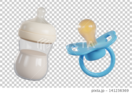 Baby pacifier and milk bottle for boy isolated on background. Infant feeding accessories for parenting, maternity, and baby care themes. 3d render Baby pacifier and milk bottle for boy isolated on background. Infant feeding accessories for parenting, maternity, and baby care themes. 3d render 141236369