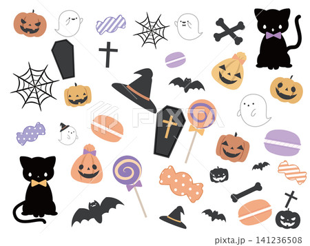 ハロウィンイラスト素材セット|黒猫とおばけ ハロウィンイラスト素材セット|黒猫とおばけ 141236508