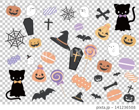 ハロウィンイラスト素材セット|黒猫とおばけ ハロウィンイラスト素材セット|黒猫とおばけ 141236508
