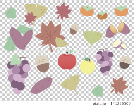 秋のイラスト素材セット｜紅葉と秋の味覚 141236509