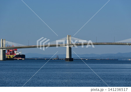 快晴の小名浜港に架かる小名浜マリンブリッジの美しい主塔と大型船の遠景 快晴の小名浜港に架かる小名浜マリンブリッジの美しい主塔と大型船の遠景 141236517