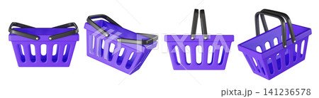 Set of purple empty Shopping Basket at different angles for food from a supermarket for shopping. 3d icon Shop Cart, bag from grocery, 3d render isolated on background Set of purple empty Shopping Basket at different angles for food from a supermarket for shopping. 3d icon Shop Cart, bag from grocery, 3d render isolated on background 141236578