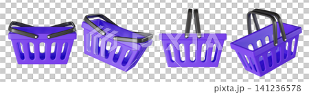 Set of purple empty Shopping Basket at different angles for food from a supermarket for shopping. 3d icon Shop Cart, bag from grocery, 3d render isolated on background Set of purple empty Shopping Basket at different angles for food from a supermarket for shopping. 3d icon Shop Cart, bag from grocery, 3d render isolated on background 141236578
