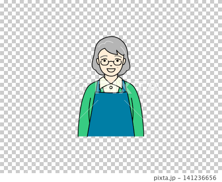 一幅插圖，描繪了一位繫著圍裙、面帶微笑的老年婦女面向前方。 141236656