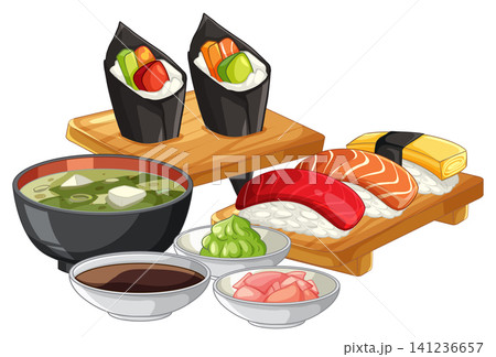 Traditional Japanese Sushi Set with Miso Soup and Temaki Rolls 141236657