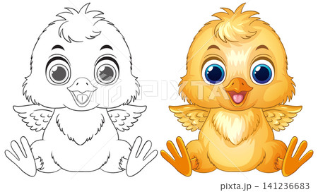 Cartoon Baby Chick Character in Color and Line Art Outline Cartoon Baby Chick Character in Color and Line Art Outline 141236683