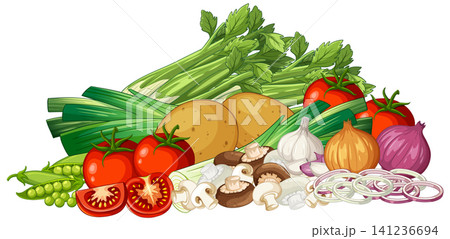 Vector Illustration of Fresh Organic Soup Vegetables and Healthy Ingredients Vector Illustration of Fresh Organic Soup Vegetables and Healthy Ingredients 141236694