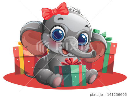 Cute Cartoon Baby Elephant Sitting with Christmas Gift Boxes Cute Cartoon Baby Elephant Sitting with Christmas Gift Boxes 141236696