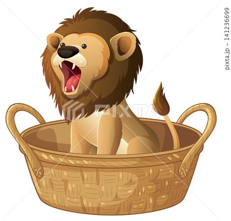 Cartoon Lion Cub Roaring While Sitting Inside a Woven Wicker Basket 141236699