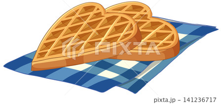 Two Heart Shaped Golden Waffles Resting on a Blue Checkered Napkin 141236717