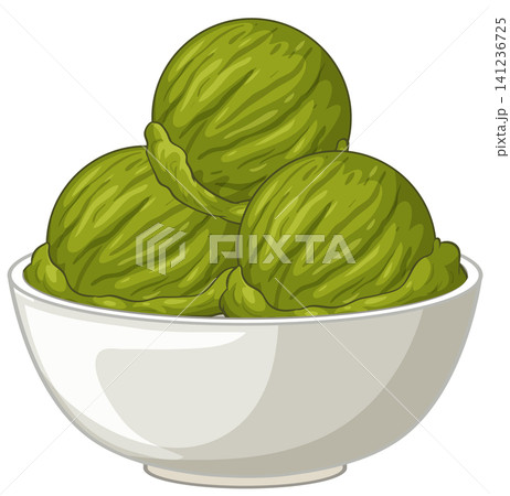 Three Scoops of Matcha Green Tea Ice Cream in White Bowl 141236725