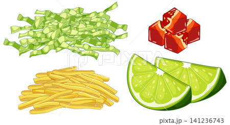 Vector Illustration of Fresh Lime Wedges and Chopped Mexican Food Ingredients Vector Illustration of Fresh Lime Wedges and Chopped Mexican Food Ingredients 141236743