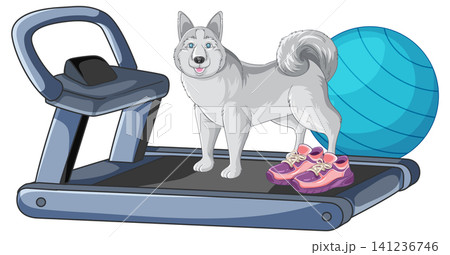 Siberian Husky Standing on Treadmill with Fitness Ball and Running Shoes Siberian Husky Standing on Treadmill with Fitness Ball and Running Shoes 141236746