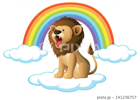Cartoon Lion Roaring on a Cloud with a Colorful Rainbow Background 141236757