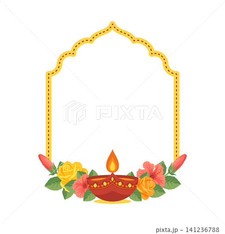 Diwali festival vector frame. Arch shaped border decorated with burning clay diya lamp, yellow roses and red hibiscus flowers. Elegant invitation template isolated on white background. Diwali festival vector frame. Arch shaped border decorated with burning clay diya lamp, yellow roses and red hibiscus flowers. Elegant invitation template isolated on white background. 141236788