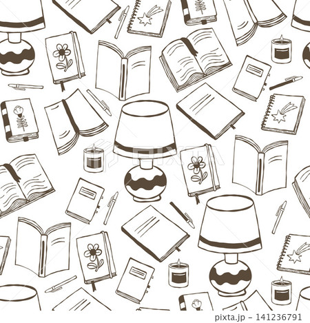 Books and Reading Seamless Pattern. Outline Open Notebooks, Writing Pens, Table Lamps and Candles on White Background. Line Art hand-drawn. Vector Square Illustration. Books and Reading Seamless Pattern. Outline Open Notebooks, Writing Pens, Table Lamps and Candles on White Background. Line Art hand-drawn. Vector Square Illustration. 141236791