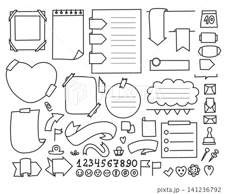 Bullet Journal Elements and Memo Pads Big Set. Blank Note Paper Templates, Reminder, To Do List, Sheet,, Ribbon Banners, Photo Frames and Numbers. Isolated Line-Art Doodles. Vector Illustration. Bullet Journal Elements and Memo Pads Big Set. Blank Note Paper Templates, Reminder, To Do List, Sheet,, Ribbon Banners, Photo Frames and Numbers. Isolated Line-Art Doodles. Vector Illustration. 141236792