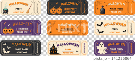 Halloween party ticket templates set with spooky characters and illustrations Halloween party ticket templates set with spooky characters and illustrations 141236864