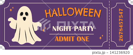 Halloween night party ticket template with cute spooky ghost icon on purple background Halloween night party ticket template with cute spooky ghost icon on purple background 141236920