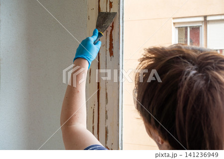 Woman Removing Old Paint from Wooden Window Frame with Putty Knife Woman Removing Old Paint from Wooden Window Frame with Putty Knife 141236949