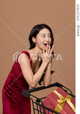 Woman carrying shopping bags after a festive sale Woman carrying shopping bags after a festive sale 141237625