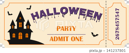 Halloween party ticket template with haunted house silhouette and flying bats Halloween party ticket template with haunted house silhouette and flying bats 141237801
