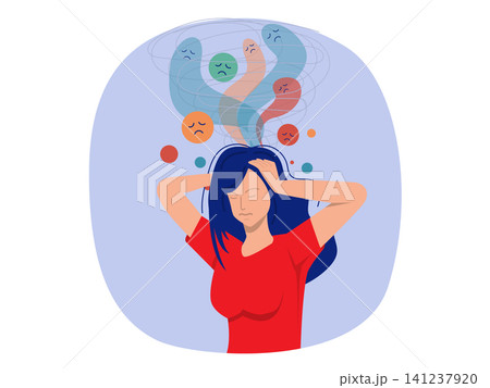 Girl experiences panic attack and clutches head, needing treatment from psychotherapist or psychologist Panic attack  mental health concept vector 141237920