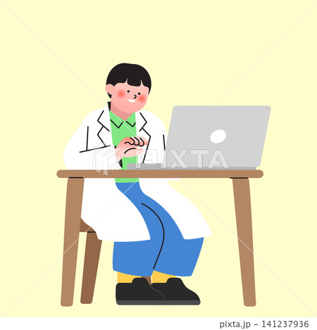 A person wearing a white coat is sitting at a wooden table. They are focused on typing on a laptop. The background is a plain light color. It is daytime. A person wearing a white coat is sitting at a wooden table. They are focused on typing on a laptop. The background is a plain light color. It is daytime. 141237936