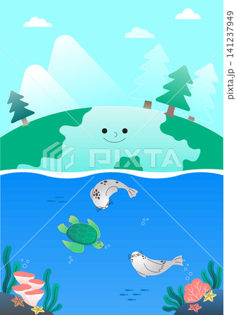 A cartoon earth smiles at the viewer while trees surround it. Below the water, a turtle swims alongside two fish. Bright colors fill the scene with sea plants. 141237949
