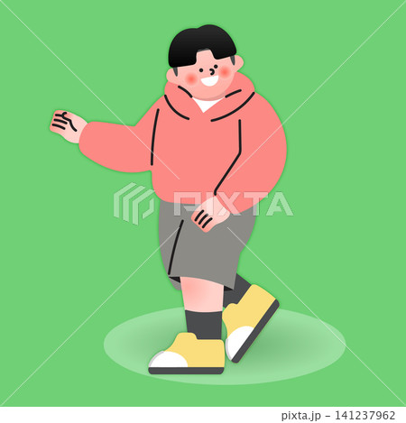 A person walks with a smile on their face. They wear a pink hoodie, gray shorts, and yellow shoes. The background is a bright green color. The scene shows movement and joy. A person walks with a smile on their face. They wear a pink hoodie, gray shorts, and yellow shoes. The background is a bright green color. The scene shows movement and joy. 141237962