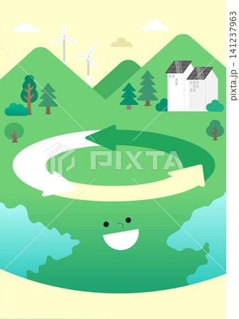 A landscape with trees, hills, and a house. It features symbols of sustainability like arrows and windmills. The scene emphasizes nature and eco-friendly living. A landscape with trees, hills, and a house. It features symbols of sustainability like arrows and windmills. The scene emphasizes nature and eco-friendly living. 141237963