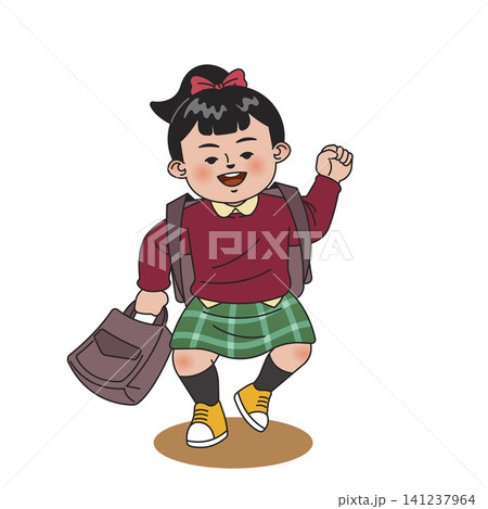 A young girl with black hair and a red bow walks happily to school. She carries a backpack and a bag, wearing a red sweater and green skirt. It is a bright day. A young girl with black hair and a red bow walks happily to school. She carries a backpack and a bag, wearing a red sweater and green skirt. It is a bright day. 141237964