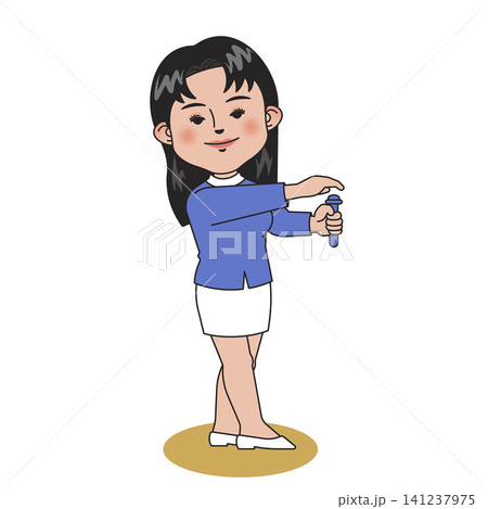 A woman stands on a simple background wearing a blue top and a white skirt. She holds a watch and appears to be adjusting it with her right hand. A woman stands on a simple background wearing a blue top and a white skirt. She holds a watch and appears to be adjusting it with her right hand. 141237975