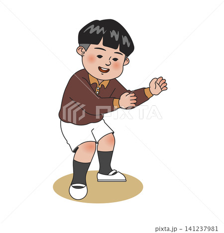 A child with short black hair enjoys dancing with a big smile. The setting shows simple, light colors that add to the fun. The child wears a brown sweater and white shorts. 141237981