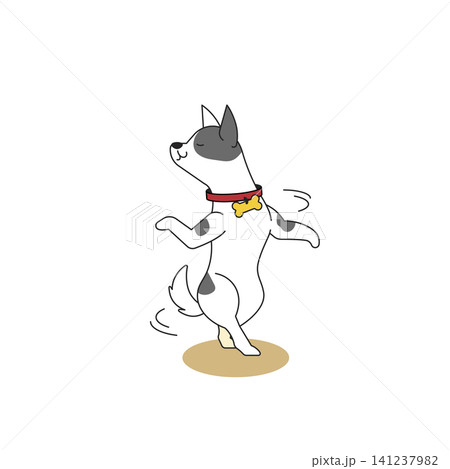 A cartoon dog dances with joy in a living room. It has a happy look on its face and a playful stance. The space is bright. The dog seems to enjoy the moment. A cartoon dog dances with joy in a living room. It has a happy look on its face and a playful stance. The space is bright. The dog seems to enjoy the moment. 141237982