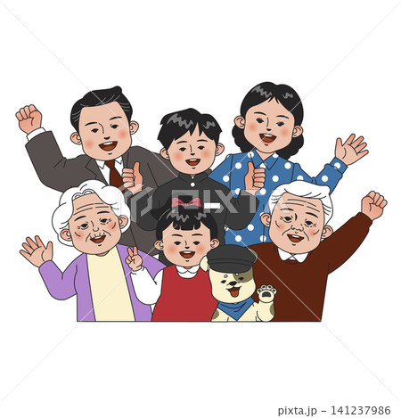 Six family members stand close together, smiling and raising their arms in excitement. They represent different generations, sharing a moment of happiness during a gathering. Six family members stand close together, smiling and raising their arms in excitement. They represent different generations, sharing a moment of happiness during a gathering. 141237986