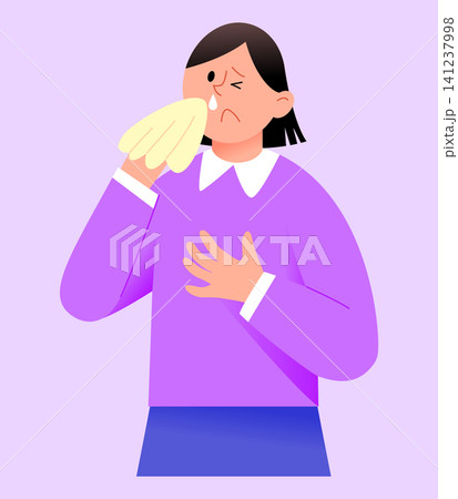A person stands with a frown while wiping their face with a cloth. They are wearing a purple sweater and seem upset. Their hand is on their chest as they express their feelings. 141237998