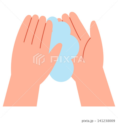 Two hands are rubbing soap together in a washing motion. This scene takes place in a bathroom where hand hygiene is being practiced. It is morning time. 141238009