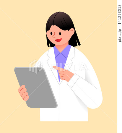 A person in a white coat stands with a tablet in hand, pointing at the screen. The background is plain and the person shows a friendly expression. A person in a white coat stands with a tablet in hand, pointing at the screen. The background is plain and the person shows a friendly expression. 141238018